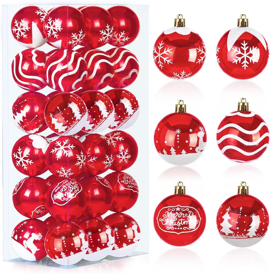 Joiedomi 36 Pcs Red Christmas Ball Ornaments Set, 2.3" Christmas Painting & Glittering Tree Hanging Decoration, Xmas Shatterproof Indoor Decoration for Tree Wreath Holidays Party Supplies