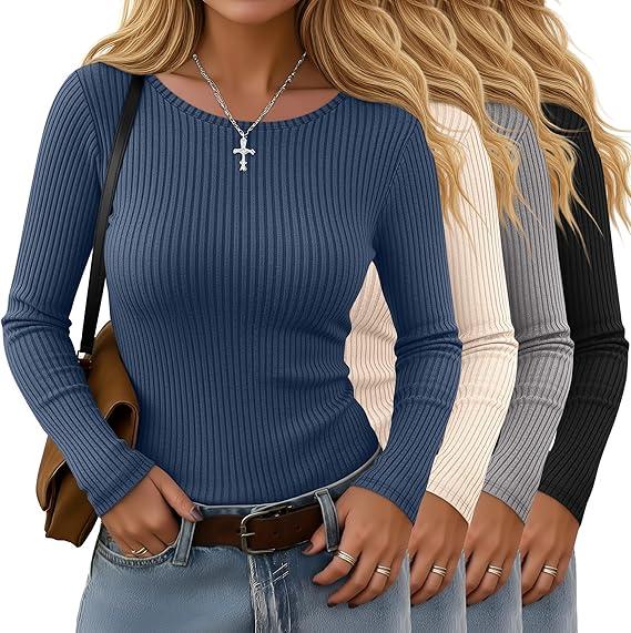 4 Pack Women's Long Sleeve Shirts, Crew Neck Ribbed Stretch Tees Slim Fit Fall Knit Tops Casual Basic Undershirts
XL