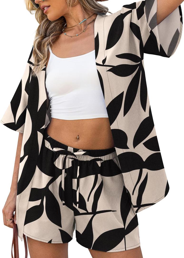 VERABENDI Two Piece Print Cover Up Sets-Top & Shorts,Beach Vacation Clothes Hawaii Outfits for Women (Black, XL)