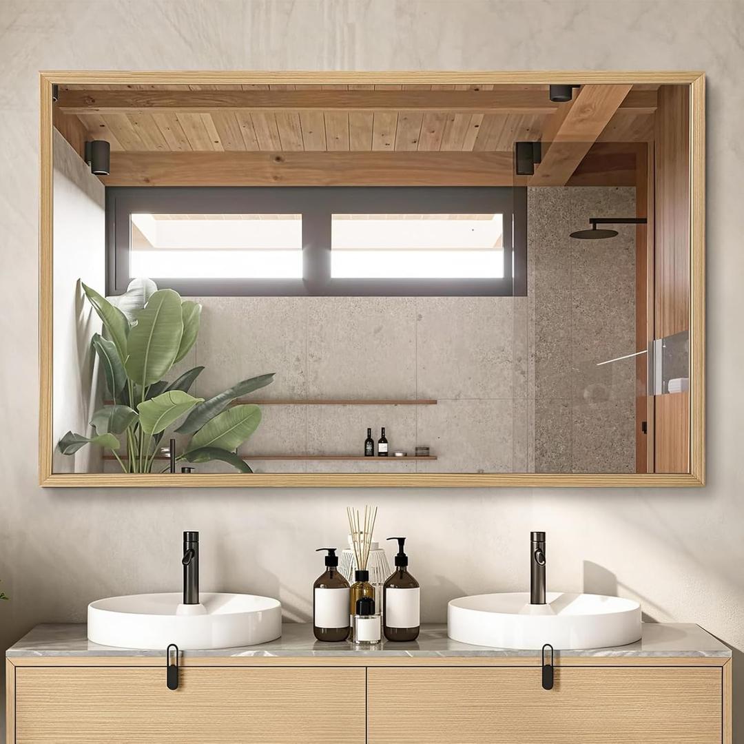 48"x30" Natural Wood Bathroom Mirror for Over Sink, Rectangle | Wall Mounted Vanity Mirror for Home Decor, Living Room, Bedroom, Anti-Rust, Explosion-Proof, HD, Horizontally or Vertically