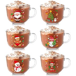 Vesici 6 Pcs Christmas Glass Coffee Mugs with Handle 16 oz Clear Christmas Glasses Winter Xmas Glass Mugs Santa Claus Snowman Cups Xmas Gift for Women Men Beverage Milk Hot Chocolate (Multi Style)