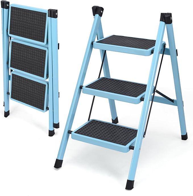 3 Step Ladder, Folding Step Stool for Adults, Lightweight Aluminum Step Ladder, Portable 330 LBS Capacity Ladders for Home Kitchen Library Office, Small Step Stools with Anti-Slip Wide Pedals, Blue
