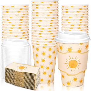 Whaline 50 Set Boho Sun Disposable Coffee Cups with Lids Sleeves 16 Oz Summer Yellow Sunshine Paper Drinking Cups To Go Coffee Cup for Birthday Wedding First Trip Around The Sun Baby Shower Party