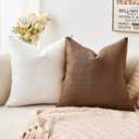 Throw Pillow Covers Set of 2 18x18 Inch Linen Check Decorative Pillow Covers, Neutral White Soft Vintage Pillowcases for Couch Sofa Bed Living Room, Farmhouse Home Boho Decor