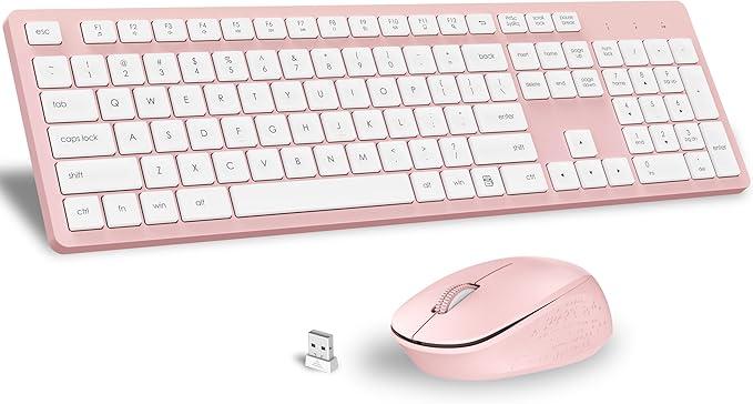 LeadsaiL Pink Wireless Keyboard and Mouse Combo, Full-Sized Ergonomic Computer Keyboard, 2.4GHz Cordless Keyboard Silent Mouse Set with 2-in-1 USB Receiver, 12 FN Shortcuts for Windows Laptop, PC/Mac