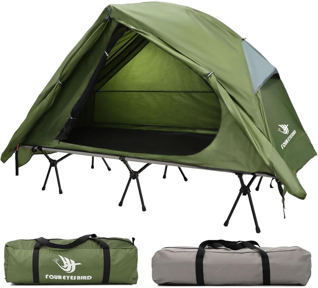 4-in-1 Camping Cot Tent, Foldable Elevated Tent Set for 1 Person to Use, Elevated Camping Bed Tent for Outdoor Hiking, Camping (Green+Grey)