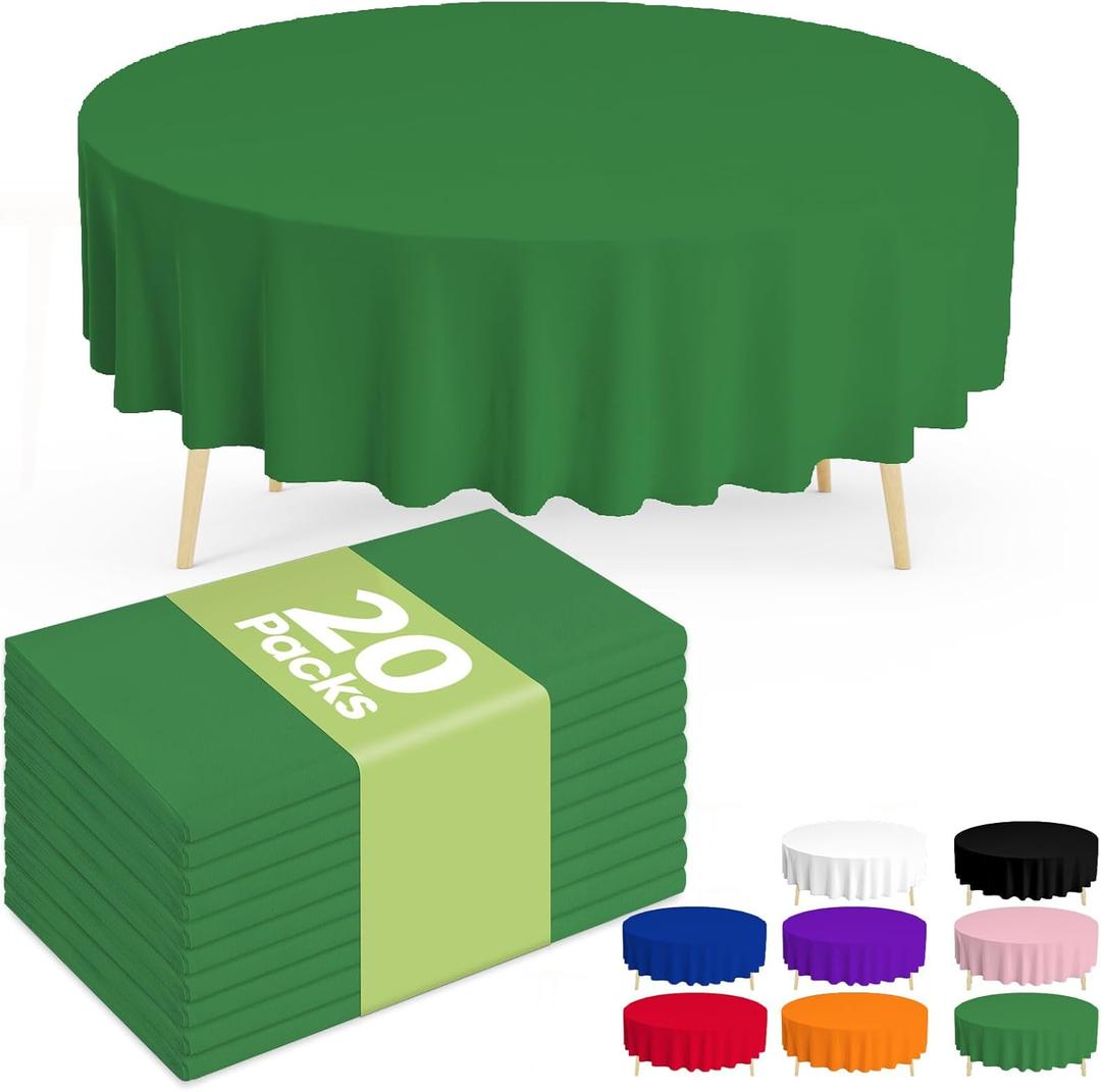 Pureegg Plastic Table Cloth Disposable 20 Pack, 84'' Round Table Cloths, St Patricks Day, Christmas Decorations, Tablecloths, Round, Forest, Emerald, Plastic Cover, Leakproof & Sturdy, Green