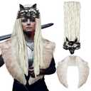 Newcotte 2 Pcs Halloween Viking Fur Costume Set Faux Fur Shawl Collar and Wolf Mask Headpiece Barbarian Accessories Women Men(White)