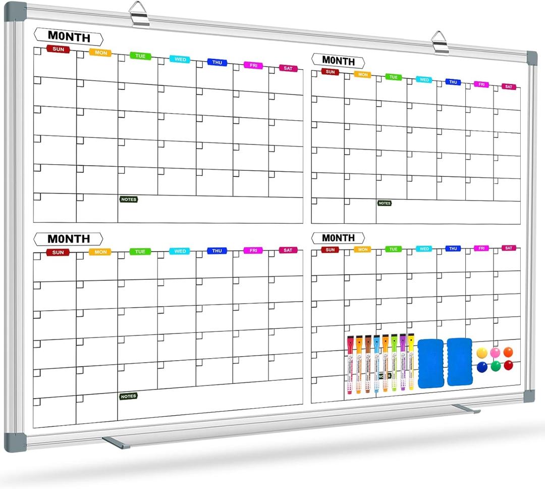 Magnetic Calendar Whiteboard for Wall, 4 Month White Board Calendar Dry Erase Board 48" x 36", Wall Mounted Board Planner for Office, School, Home, Store