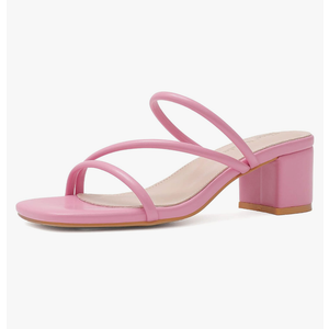 Shoe'N Tale Strappy Heels For Women Low Chunky Block Heel Heeled Sandals Square Open Toe Slip On Slides Mules, Pink, Size 9