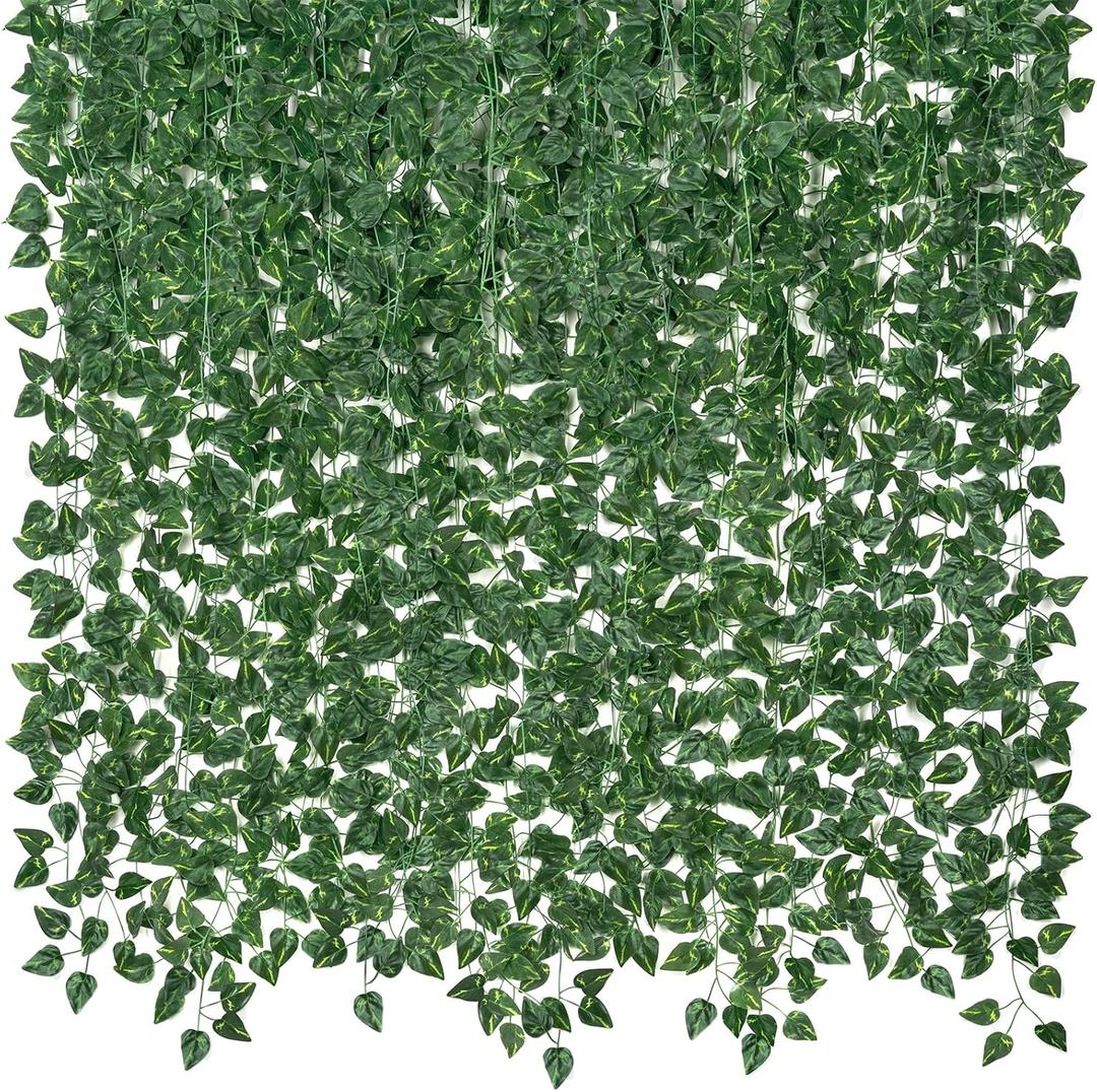CQURE 48 Pcs 336Ft Artificial Ivy Fake Vines,Ivy Garland Greenery Garland Fake Hanging Plants Vines Green Leaves for Bedroom Wedding Garden Wall Room Decor