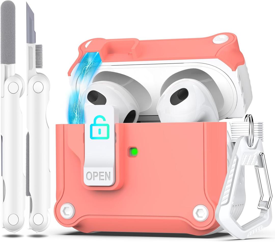 R-fun for AirPods 3rd Generation 2021 Charging Case Cover, Full Drop Protection Auto Pop-Up Lid Design for Apple Airpod 3 Gen Case with Cleaner Kit & Keychain,White/Pink Peach