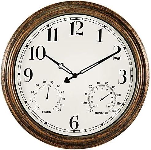 16 Inch Large Outdoor Wall Clock,Waterproof Vintage Non-Ticking Clock with Thermometer and Hygrometer Combo,Battery Operated Clock Wall Decorative- Bronze