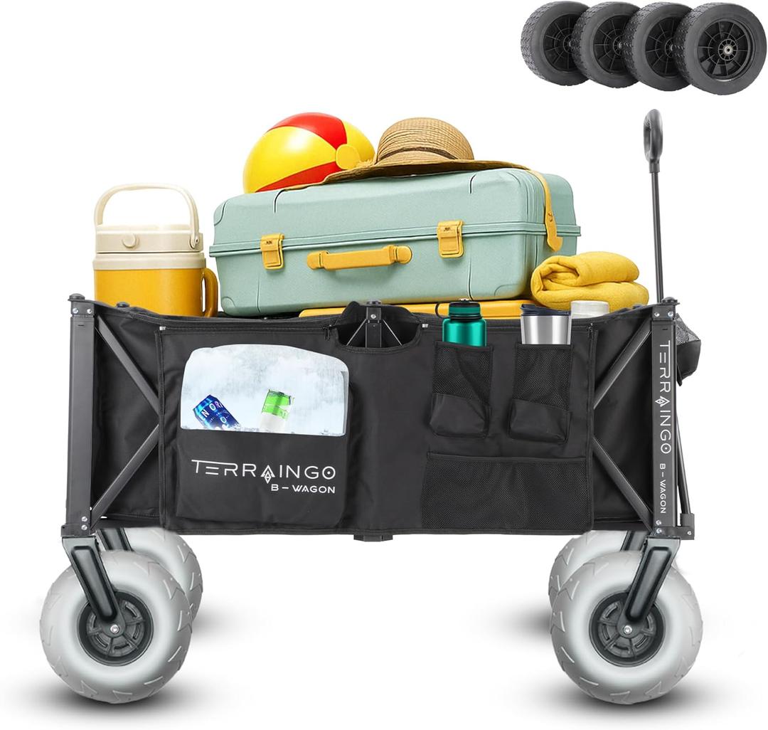 310L Extra/Large Foldable Wagon Cart, 47 550LB Inlfatable Beach & All-Terrain Wheels, Utility Cart for Garden, Fishing, Groceries, Sports  Built-in Cooler Pouch, Storage Pockets & Cupholders (Wagon+Wheels (Extra Large))