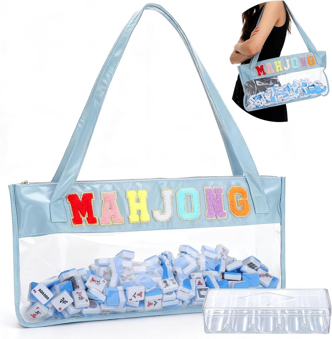 Vodolo Empty Mahjong Bag with Rope,Empty Mahjong Bags for Tiles and Racks,Waterproof PVC Travel Mahjong Tile Bag with Zipper and 1Pcs Chip Box，Mahjong Not Included