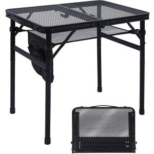 Camping Table, 2x1.3 FT Portable Folding Grill Table, Lightweight Height Adjustable Metal Tables with Mesh Desktop and Mesh Bag, Outdoor Tables for Camping, Picnic, Beach and BBQ, Black
