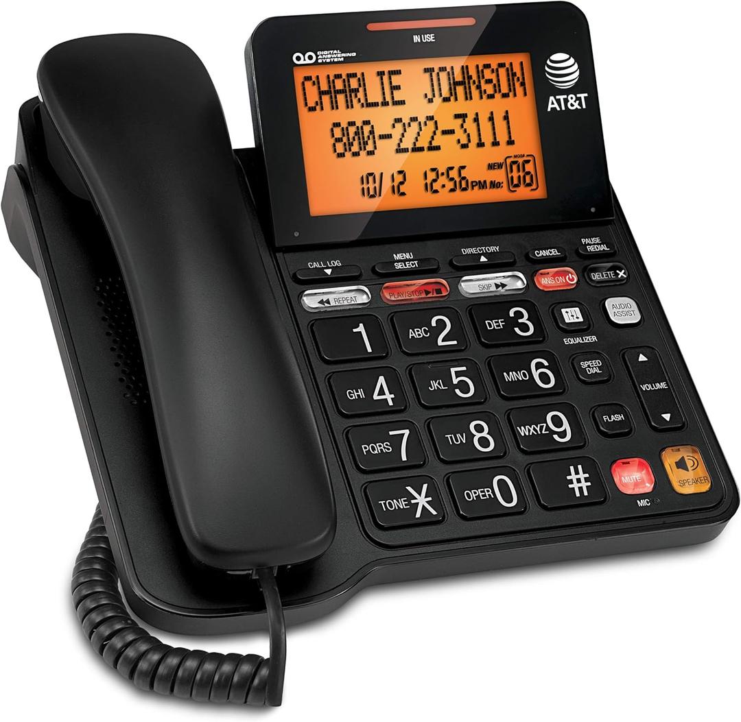 AT&T CD4930 Black Corded Phone with Digital Answering System, Caller ID, Extra-Large Tilt Backlit Display & Big Buttons (1 Pack)