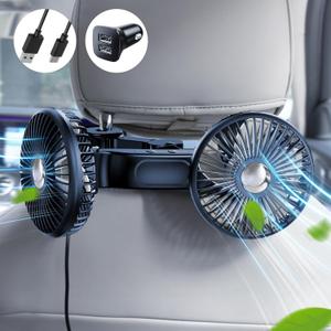 Dual Head Car Cooling Fan for Back Seat, Usb Powered 3 Speeds 12V Rotatable Car Seat Headrest Fan for Kids Baby Dog Rear Facing, Car Accessories Cooler That Blow Cold Air for Sedan Suv Rv Truck