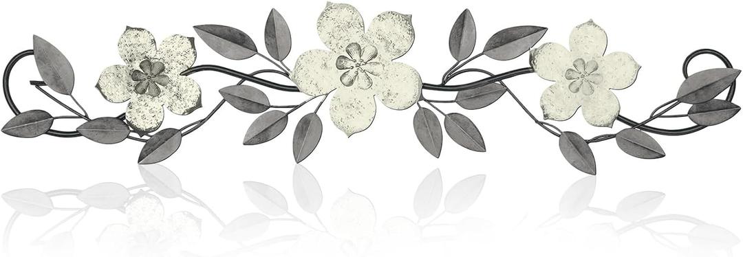 Wesiti Metal Flower Wall Decor Vintage Spring Metal Flower Wrought Iron Scroll Sculpture 15.7''x3.7'' Farmhouse Leaf Wall Decor with Nails for Spring Living Room Bedroom Indoor Outdoor(White)