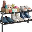 2-Tier Bamboo Small Shoe Rack Premium Stackable Shoe Shelf Storage Organizer for Hallway Closet Living Room Entryway Organizer (Black Bamboo)（27*11*12.6inches）