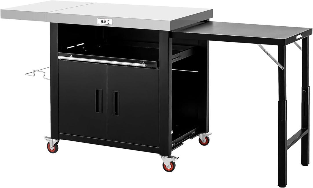 Outdoor Kitchen Island with Cabinet, Outdoor Grill Table with Stainless Steel Top for Pizza Oven& Griddles, Movable Bar Cart with Pull-Out Plate for Parties& Gathering, Heavy-Duty, L74x W24