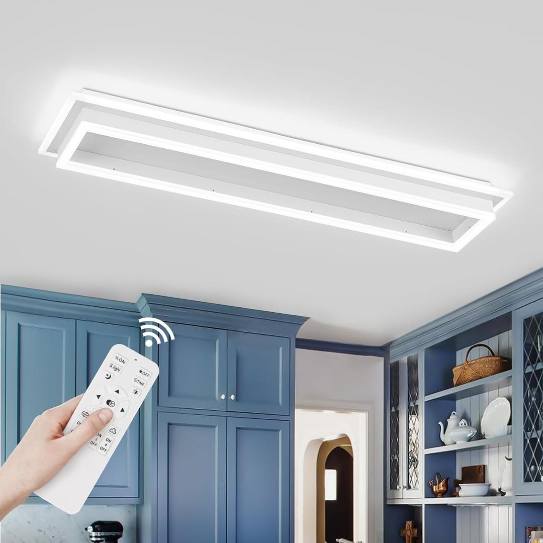 Dimmable Led Ceiling Light with Remote Control 31.5in Modern Linear Flush Mount Ceiling Lighting Fixture Acrylic Long Ceiling Lamp for Living Room Kitchen Dining Room Hallway (White), 1 Pack,31.5inch