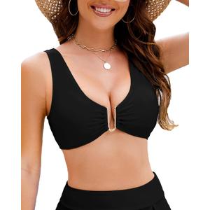 Jolefille Push Up Bikini Top for Women U Wired Wide Straps Swimsuit Tops Scoop Neck Padded Lace Up Back Bathing Suit Top Only (Small, Black)