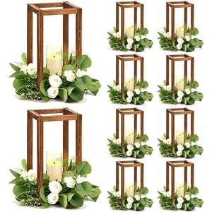 Sabary 10 Sets/ 20 Pcs Wooden Lantern Candle Holders with Candles for Wedding Decoration Vintage Table Centerpiece Farmhouse Rustic Candle Lantern for Indoor Fireplace Dining Party Decor (Caramel)