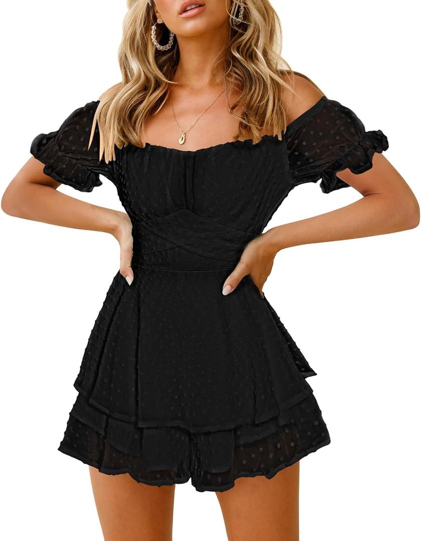 Fixmatti Women Boho Romper Off Shoulder Ruffle Chiffon Shorts Jumpsuit Playsuits (Black, L)