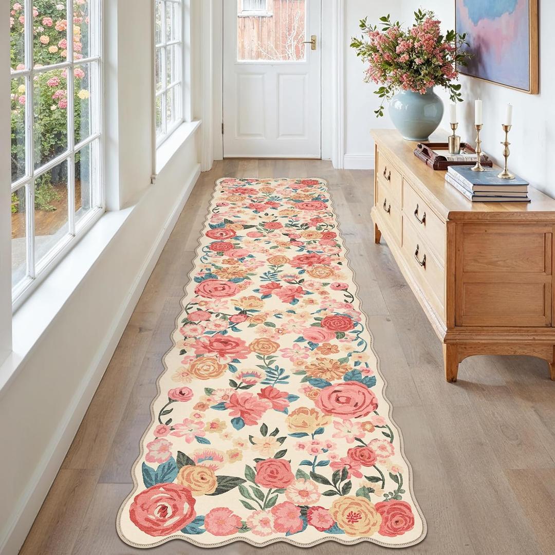 PureCozy Washable Floral Runner Rug 2x8 Beige Hallway Carpet Scalloped Flower Non Slip Soft Long Kitchen Runner Farmhouse Low Pile Thin Indoor Floor Cover for Bathroom Bedroom Laundry Room Entryway