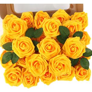 MACTING Artificial Yellow Flowers 30PCS Real Touch Fake Flowers Soft Foam Roses with Stem for Floral Arrangement DIY Table Centerpieces Wedding Bouquet Party Holiday Summer Mothers Day Decor