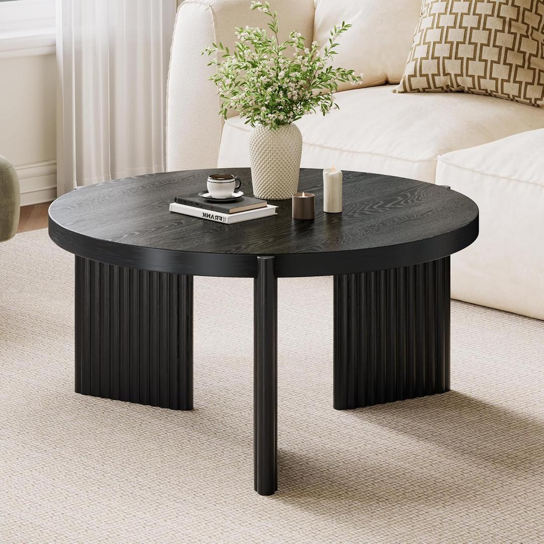 Luoxiao 27.5" Round Black Coffee Table for Living Room, Mid Century Modern Fluted Wood Center Table, Circular Sofa Table with Ribbed Base & Non-Slip Footpads for Small Space, Apartment, Easy Assembly