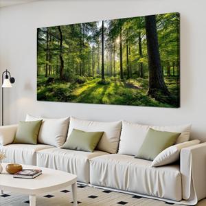 Tarfupth Large Forest Wall Art for Living Room Green Woodland Landscape with Sunlight Modern Nature Wall Decor for Bedroom Office Home Decor 24"x48", 24L" x 48W"