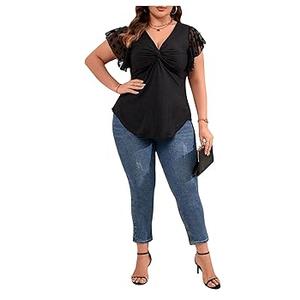 SOLY HUX Women's Plus Size Summer Crop Tops Rushed Bust Tie Front T Shirts Short Sleeve Deep V Neck Tees Plain Black 4XL