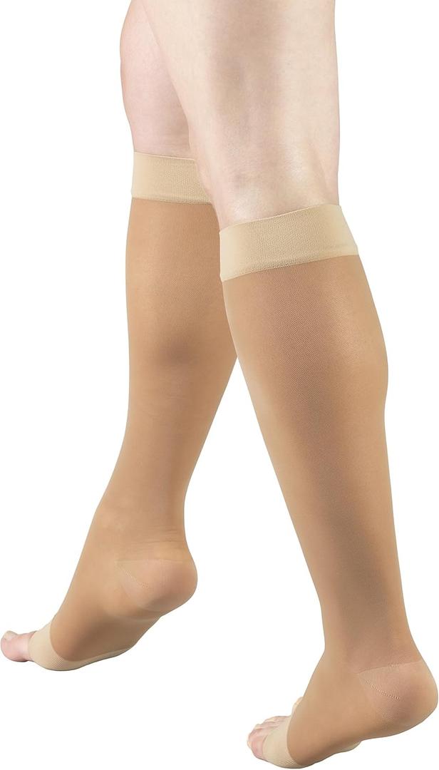 Truform Sheer Compression Stockings, 15-20 mmHg, Women's Knee High Length, Open Toe, 20 Denier, Beige, Medium