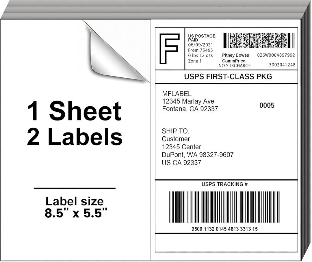 Axidou 8.5 x 5.5 Inch Half Sheet Shipping Labels for Laser and Inkjet Printers, 600 Labels/300 Page (2 Labels/Page), Permanent Self Adhesive Mailing Labels for Printer