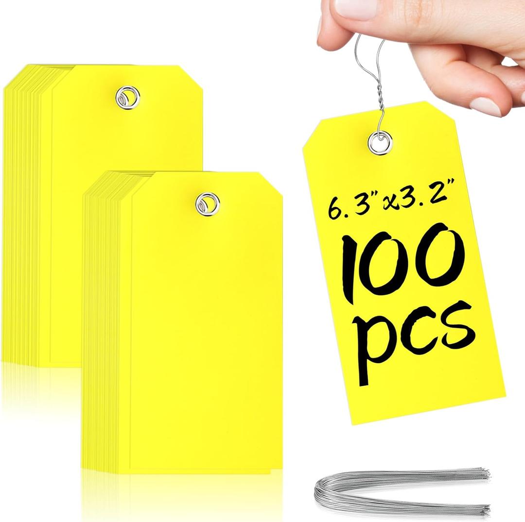 100 Yellow Plastic Shipping Tags - Durable, Writable, Heavy Duty, Waterproof, Reinforced for Repair Equipment & Car Parts Inventory (6 1/4" x 3 1/8")