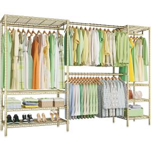 Ulif E11 Heavy-Duty Garment Rack, Metal Freestanding Clothes Rack and Closet Storage Organizer System with 8 Shelves and 4 Hanger Rods, (73.2-97.6)" W x 14.5" D x 71.2" H, Load 1034 LBS, Gold