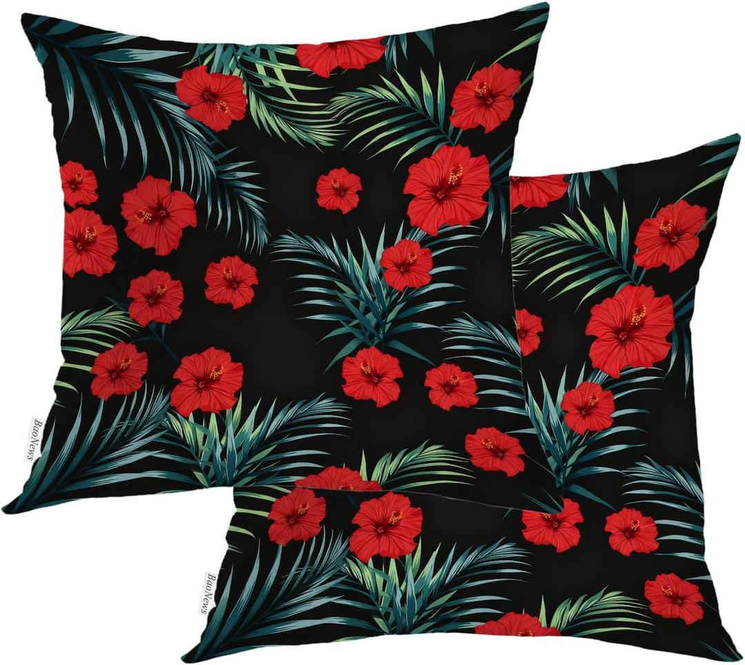 Black Flower Palm Leaves Throw Pillow Covers,Red Ethnic Style Cushion Cover Digital Blended Hidden Zipperl Decorative Pillowcases for Hair Skin Square 18X18 in 2 Pcs