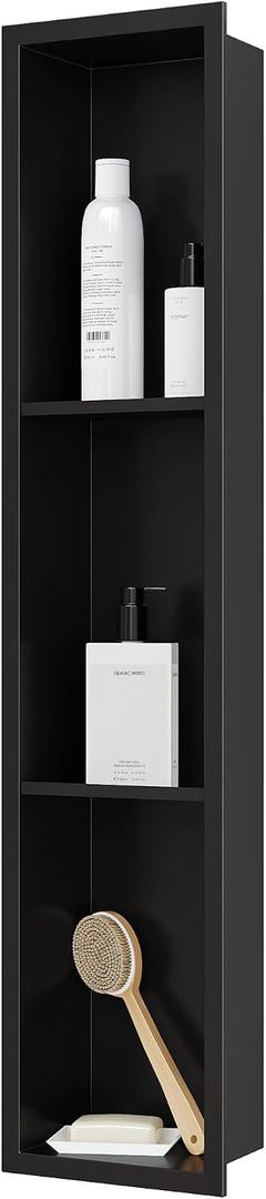 Qeke Stainless Steel Shower Niche 8" X 36", No Tile Needed Wall Niche Three-Tier, Recessed Shower Shelf for Bathroom Storage, Matte Black