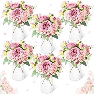 Domensi 6 Sets Wedding Floral Centerpiece for Table Decor, Artificial Peonies Silk Flowers Bouquet with Flower Foam and Metal Vase Faux Floral Arrangement for Bridal Shower Tea Party (Blush Pink) 