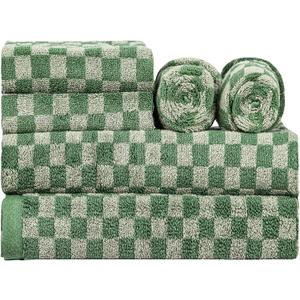CinGiiCo Checkered Bath Towels Set of 6 Large, 600GSM, 100% Cotton Shower Towels * 2 (55 * 28 in), Hand Towels * 4 (29 * 14 in),Towels for BathroomPoolHotel, Spa (Checkered Dark Green)