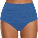 GRAPENT Women's High Waisted Swim Bottom Ruched Bikini Tankini Bottoms Tummy Control Swimsuit Briefs (Medium, Gray Blue)