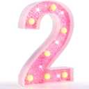 Pooqla Marquee Numbers Lights, light up Pink Numbers, Glitter Number Night Light Battery Powered Birthday Gift for Boys Girls Christmas Wedding Home Bar Party Decoration, Pink 2 (Warm White)
