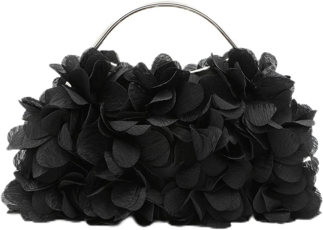 Evening Bag Clutch Purses for Women Elegant Solid Color Floral Satin Clip Women's Handbag Evening Bag(Black)