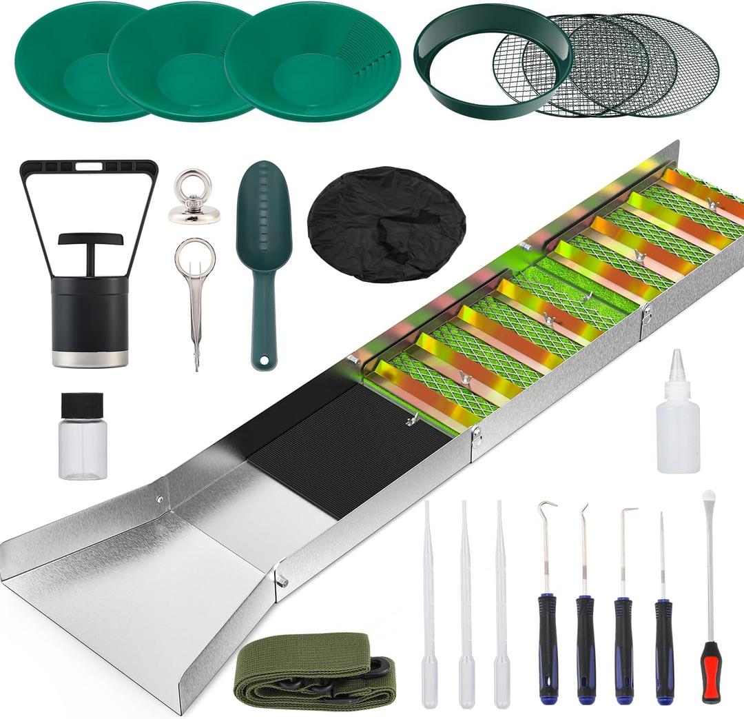 NEWTRY Complete Gold Panning Kit 27pcs Gold Mining Equipment with 50" Folding Sluice Box, Gold Pan & Accessories Portable Aluminum Alloy Mining Equipment for Beginner Prospectors