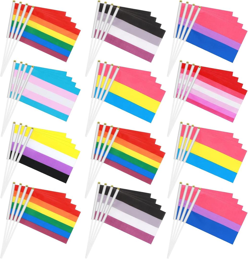 Kinlop 200 Pcs Rainbow Pride Flag Set Small Mini Gay Hand Held Pansexual Bisexual Trans Lesbian Flag Fade Resistant and Vivid Colors for Nonbinary Asexual LGBT Party Decorations, 5.5 x 8.3 Inch