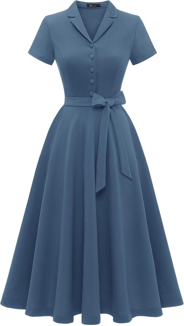 Wedtrend Women's Vintage Tea Dress, Short Sleeve Cocktail Party Dress Work Church Casual Dress (Blue, XS)