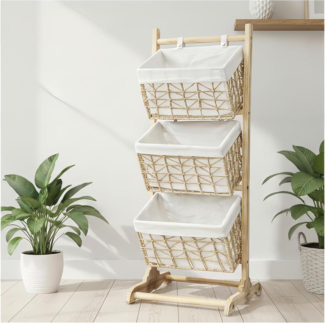 3 tier basket stand wicker storage basket, floor-standing basket organizer rack, Multipurpose Rattan Rack for Bedroom Living Room Kitchen, Holds Clothes Toys Books fruit, Bohemian Home Decor