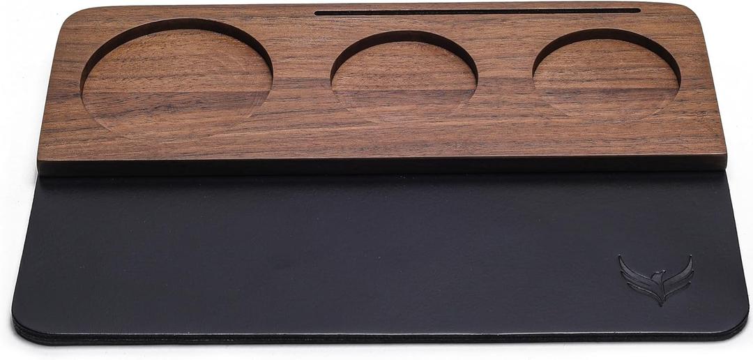 KNODOS 54mm Tamping Mat For Breville Espresso Machine Accessories Walnut & Leather Tamp Station Organizer with MultiSlot Design for Espresso Tools Tamper, Distributor, Funnel & Puck Screens